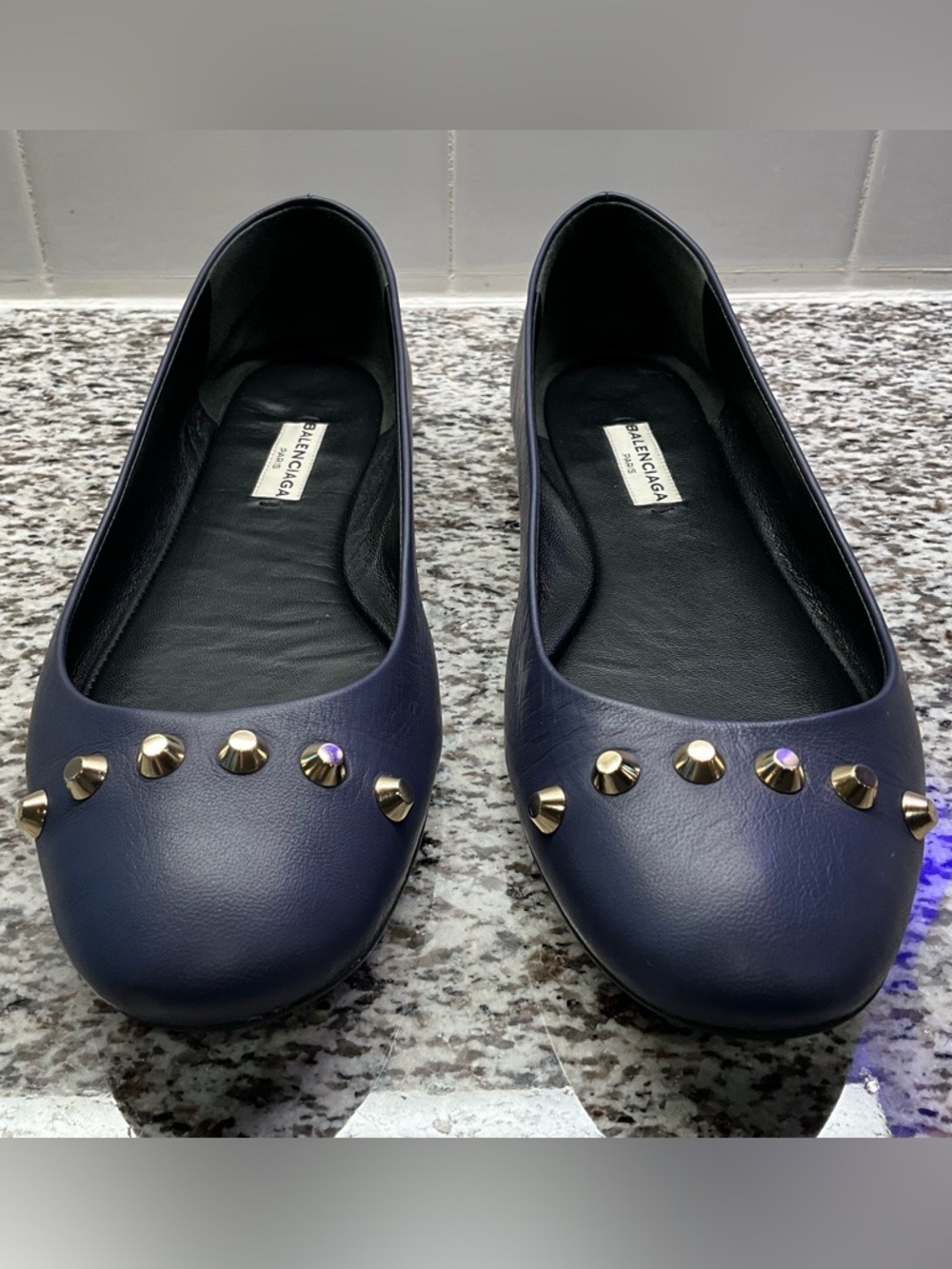 Balenciaga Navy Blue Leather Studded Ballerina Flats 37.5 Gold Hardware - Picture 2 of 8
